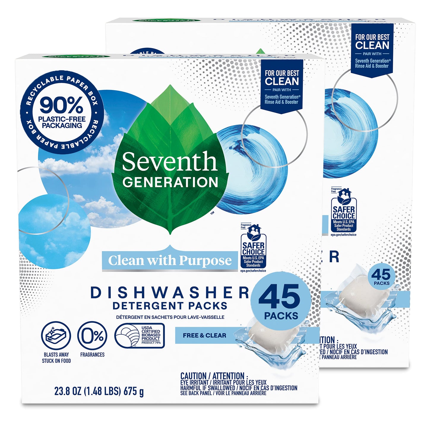 Seventh Generation Dishwasher Detergent Packs Free & Clear Pack of 2 for sparkling dishes Dishwasher tabs 45 count