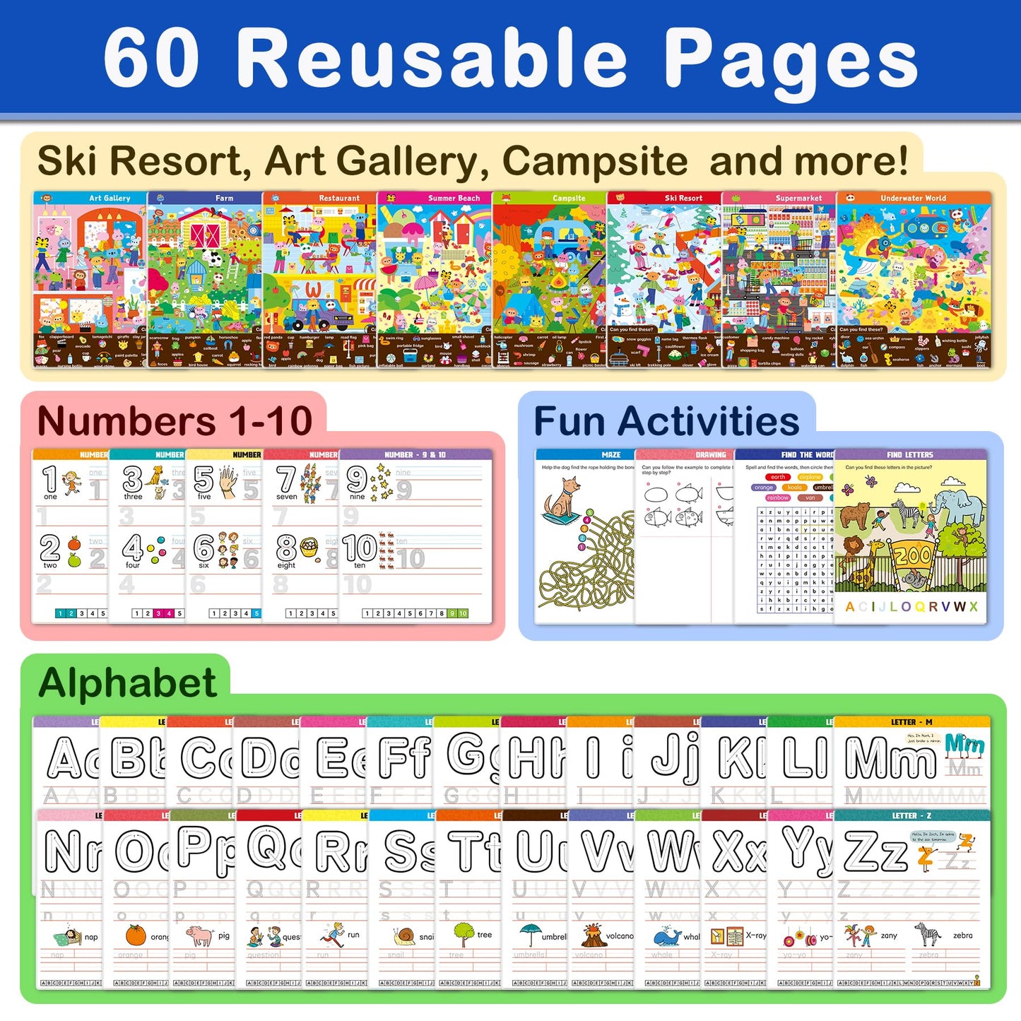 Elite Panda Preschool Learning Activities 60 Reusable Pages - Kindergarten Workbook with Search and Find Games, Letter & Number Tracing Book, Montessori Educational Toys for Kids Ages 3, 4, 5, 6 Gifts