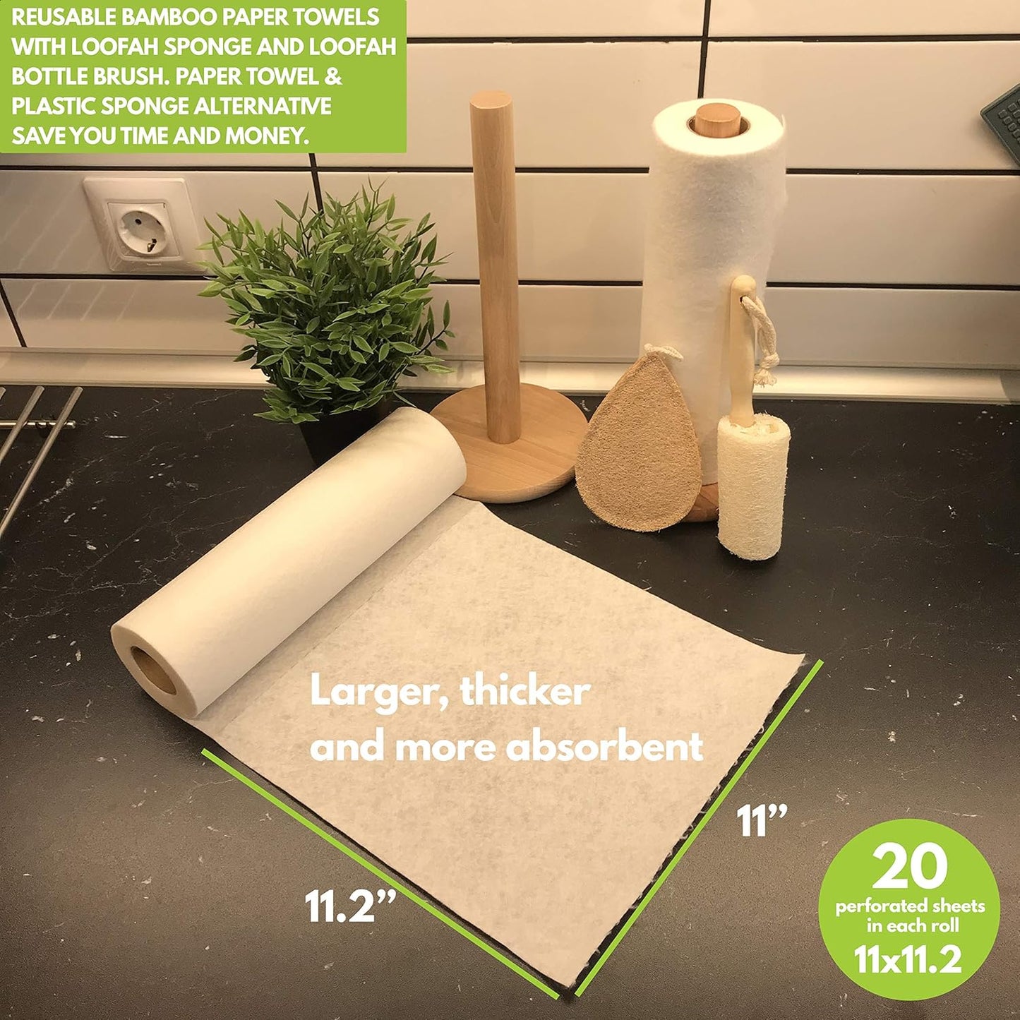 Bamboo Rayon Paper Towels | Washable Reusable Paper Towels, 2 Rolls,(40 Sheets)1 Year Supply & Loofah Sponge & Dish Scrub Brush | Eco Friendly Paper Towel Alternative | Zero Waste Gift Set