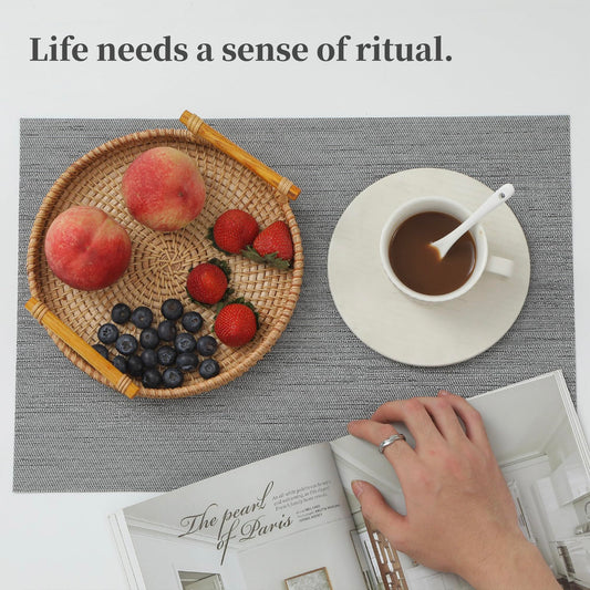 Leetaltree Grey Placemats, Heat Resistant Non-Slip Place mats for Dining Table, Washable Durable PVC Vinyl Woven Table Mats (Set of 6)