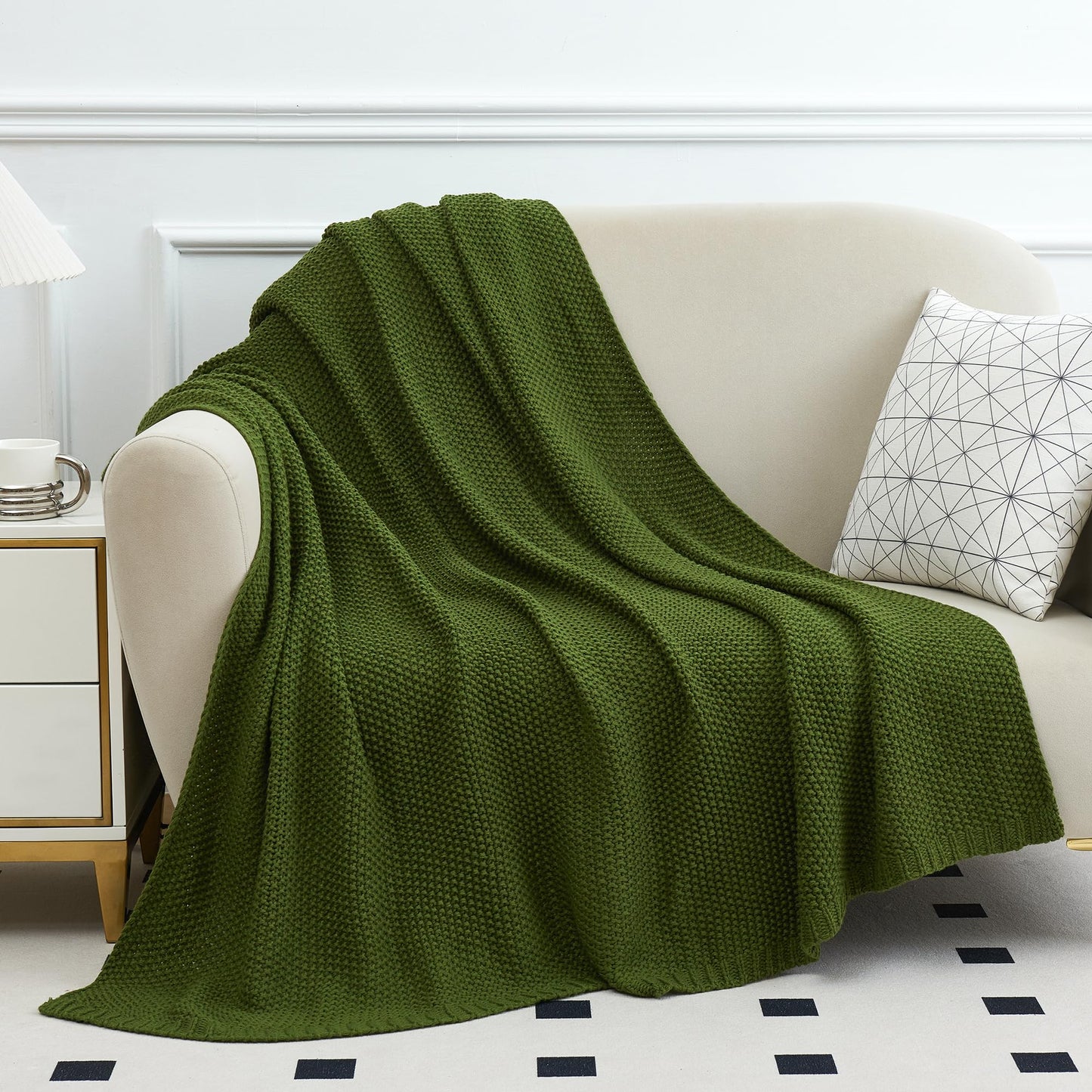 Aganear Knit Throw Blanket for Couch, Cable Knitted Throw Blanket for All Seasons, Soft Cozy Lightweight Knit Blanket for Living Room Bed Office Travel Boho Decor (50"x60", Olive Green)