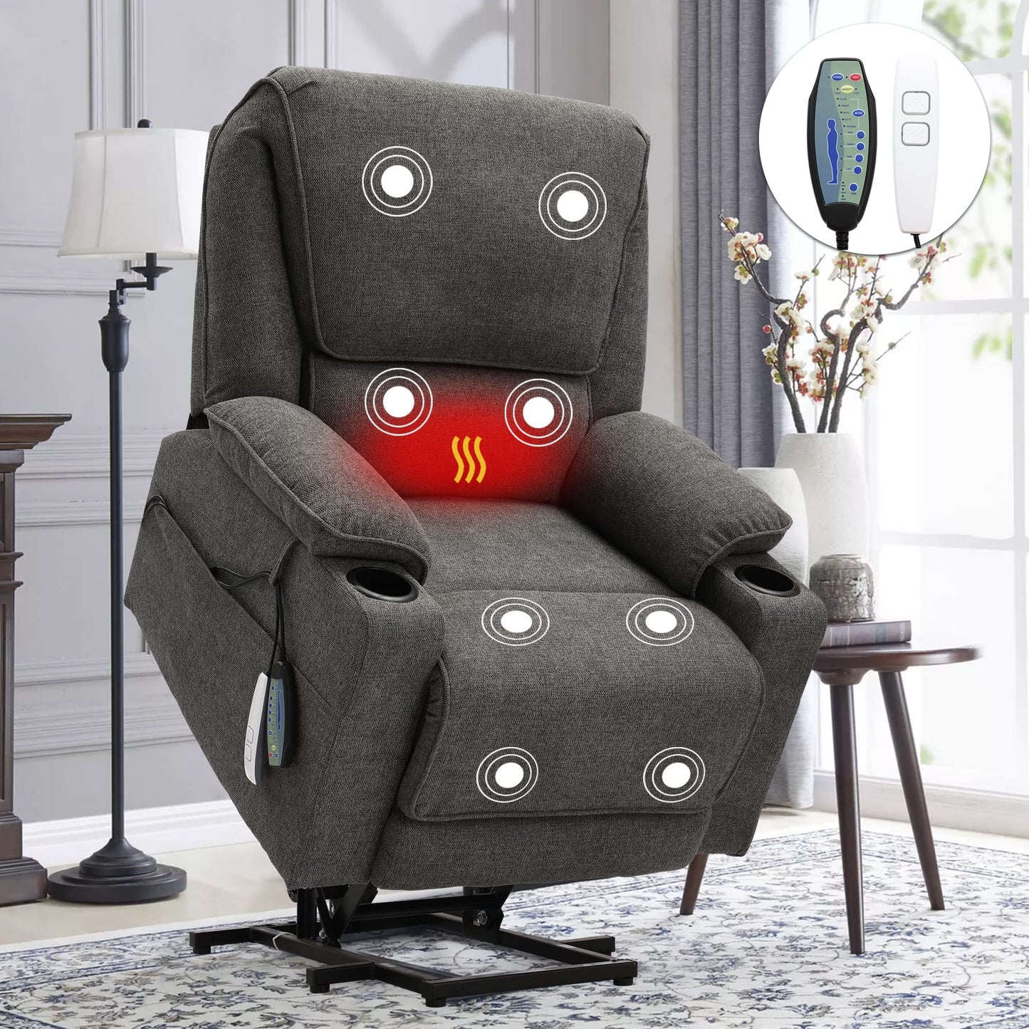 KIGOTY Power Lift Recliner Chair with Massage and Heat for Elderly, Recliner Chairs for Adults, Recliner Massage Chair with Remote Controls,Cup Holders, USB Port (Dark Grey, 33" Wide)
