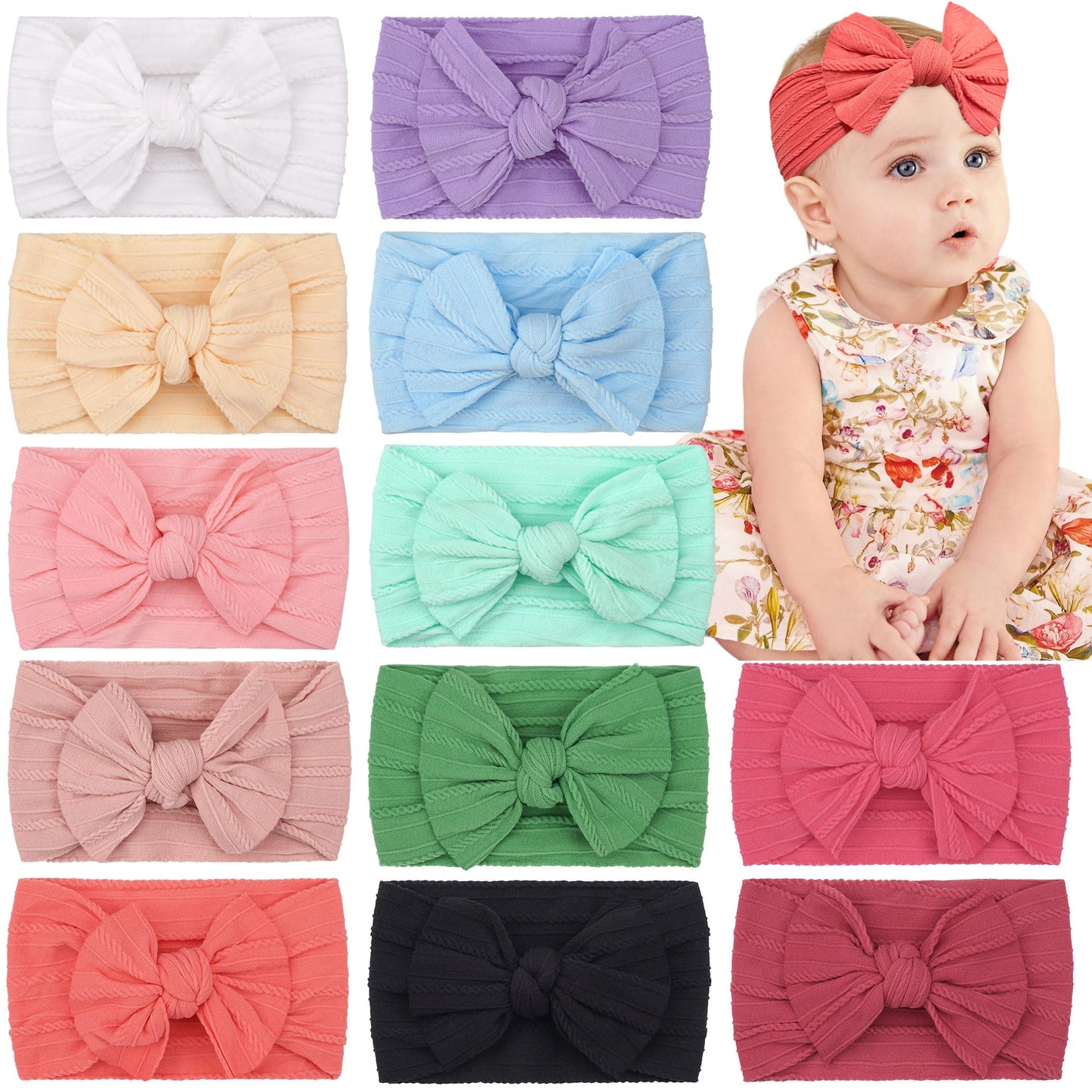CÉLLOT 10 Colors Super Stretchy Soft Knot Baby Girl Headbands with Hair Bows Nylon Head Wrap For Newborn Baby Girls Infants Toddlers Kids