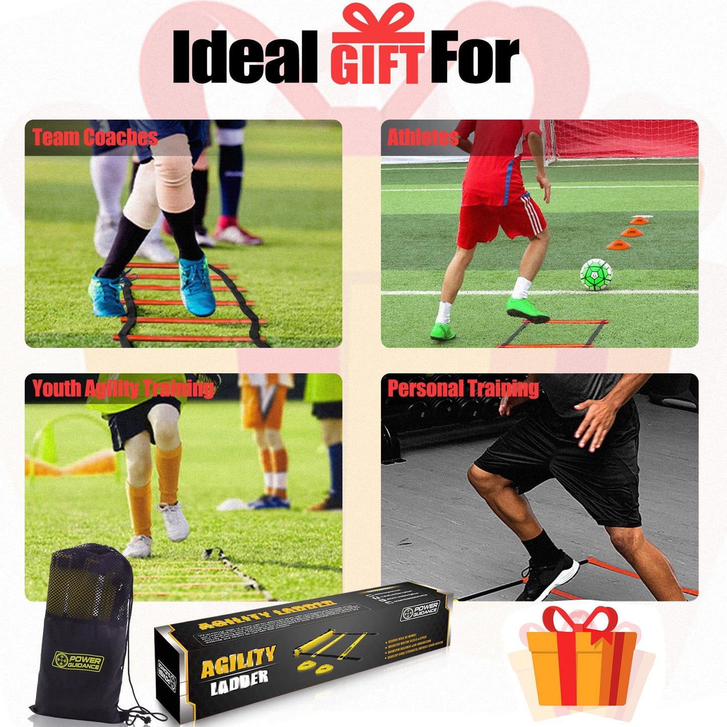 POWER GUIDANCE Agility Ladder (20 Feet) with Cones for Speed Agility Training & Quick Footwork Exercise - Soccer & Football Training Equipment for Adults, Youth & Kids (Red)