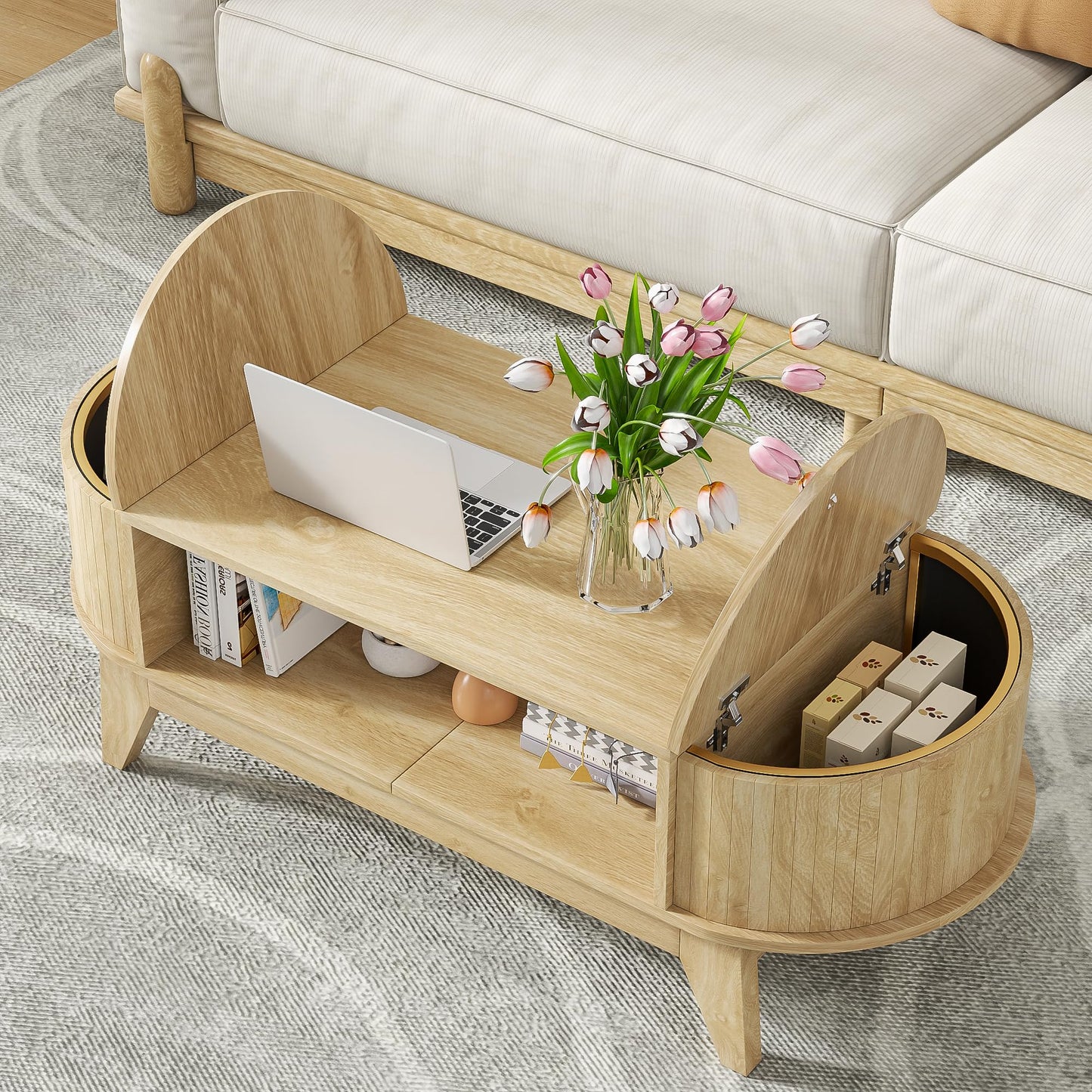 Fsbecl 46.45'' Oval Coffee Tables for Living Room, Mid Century Modern Coffee Table with Storage, Wood Fluted Accent Center Table with Flip-Top Lids for Home,Office (Wood Color)