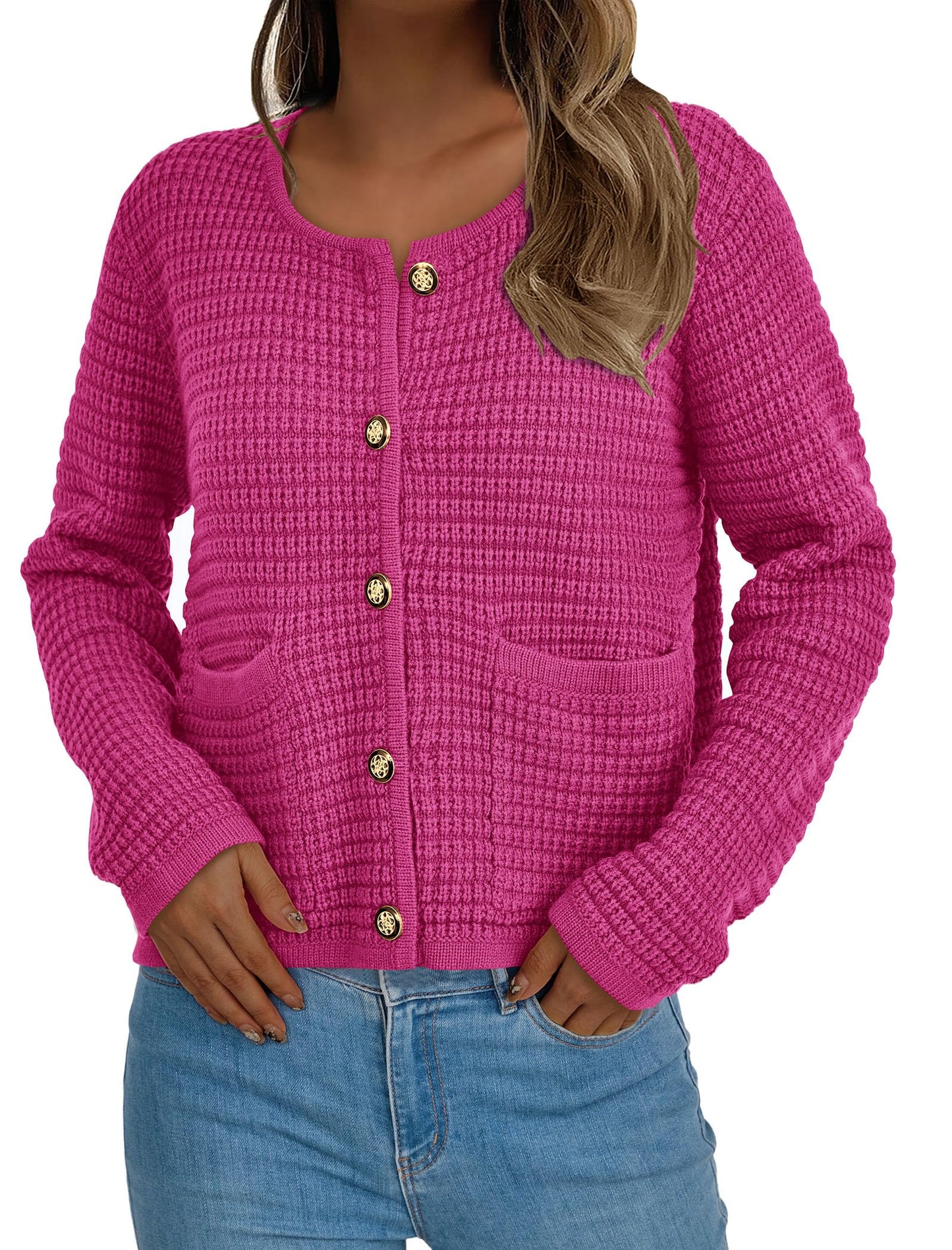 PRETTYGARDEN Women Knit Cardigan Sweaters Fall Fashion Long Sleeve Open Front Button Down Trendy Casual Jacket Winter Clothes (Rose Red,Small)