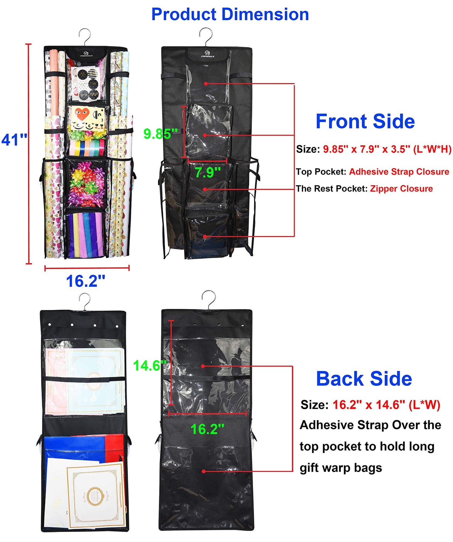 Freegrace Double Sided Hanging Gift Wrap Organizer | Large 16" x 41" Wrapping Paper Rolls Storage Bag | Tearproof & Space Saving Closet Gift Bag Organization Solution (Black)