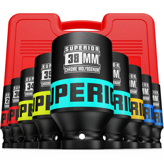 7 Piece 1/2” Drive Deep Axle Nut Impact Socket Set, SAE, 1-3/8" - 1-3/4", CR-MO, 6 Point, Use in Large Equipment Maintenance, Home Repair, Car Repair and More