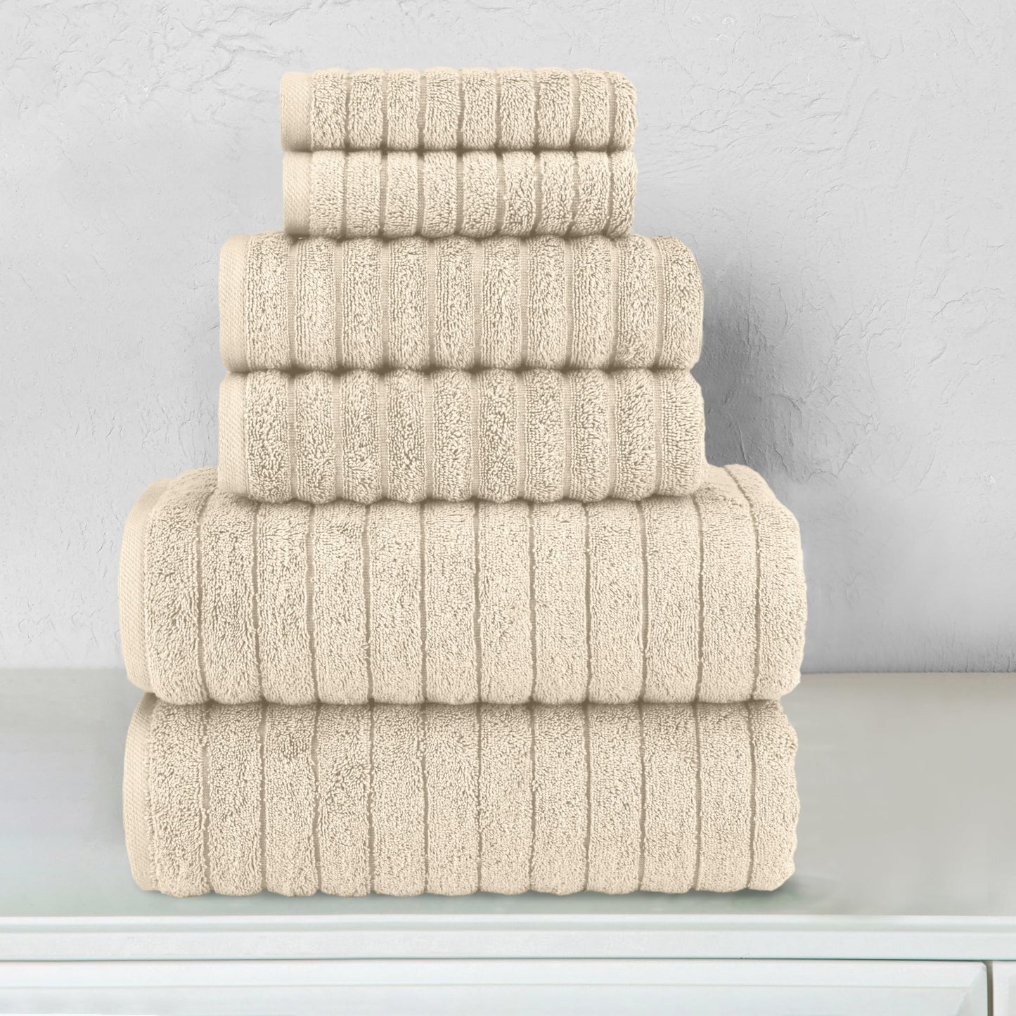 Elegant Comfort 100% Turkish Cotton Corduroy Ribbed Luxury Bath Towels 6-Piece Set, Premium Feel - Quick Dry, Highly Absorbent, Contains 2 Bath Towels, 2 Hand Towels, and 2 Washcloths, Ivory