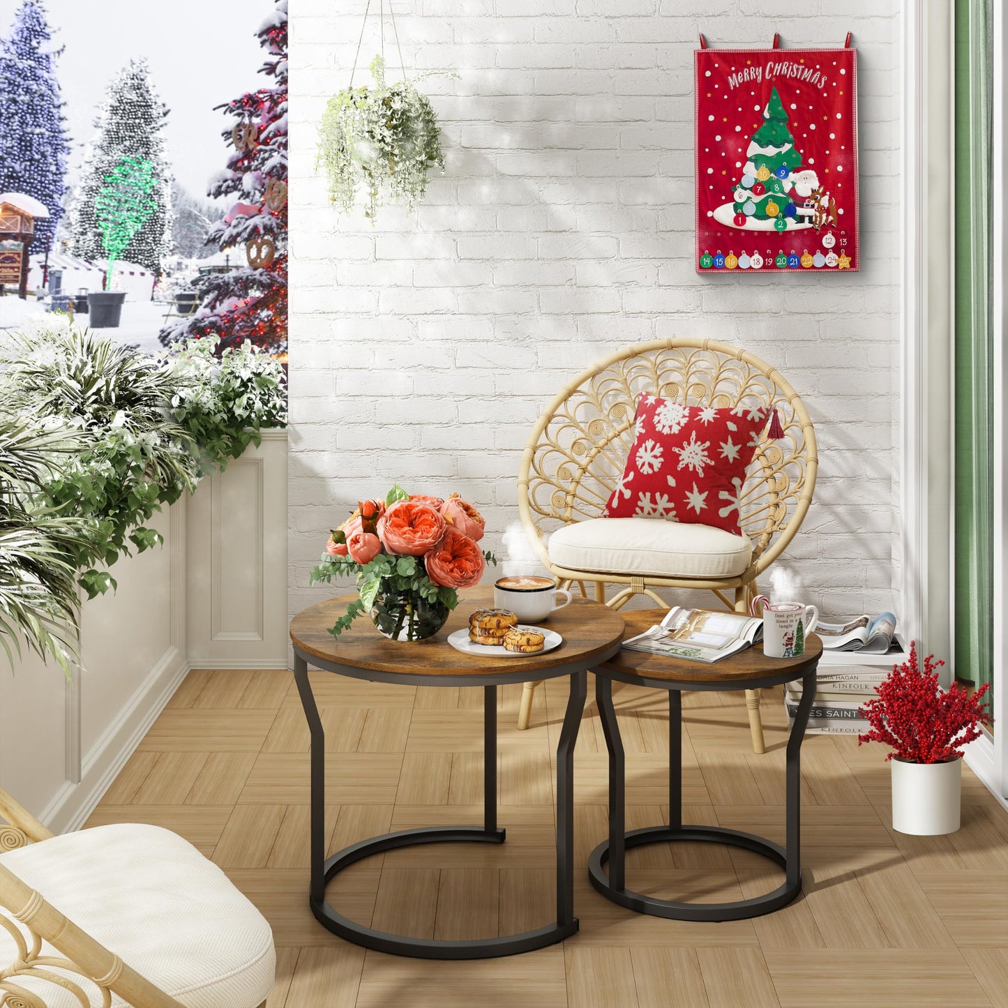 Hoctieon Nesting Coffee Tables, Round Nesting Tables Set of 2, End Tables, Stacking Nesting Tables for Living Room, Circle Coffee Tables, Side Tables Wooden Table Top, Rustic Brown