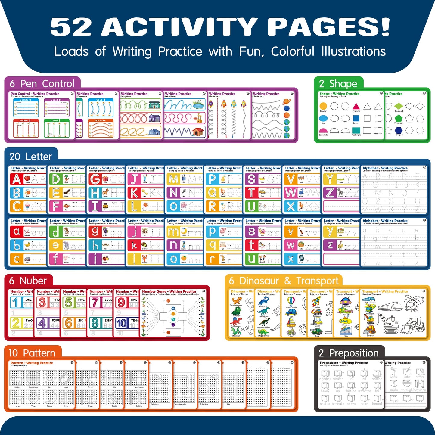 iHarPro Preschool Learning Activities - 52 Pages Handwriting Practice Tracing Books for Kids, Montessori Toys Kindergarten Educational Workbooks Age 3-6, with 12 Dry Erase Markers