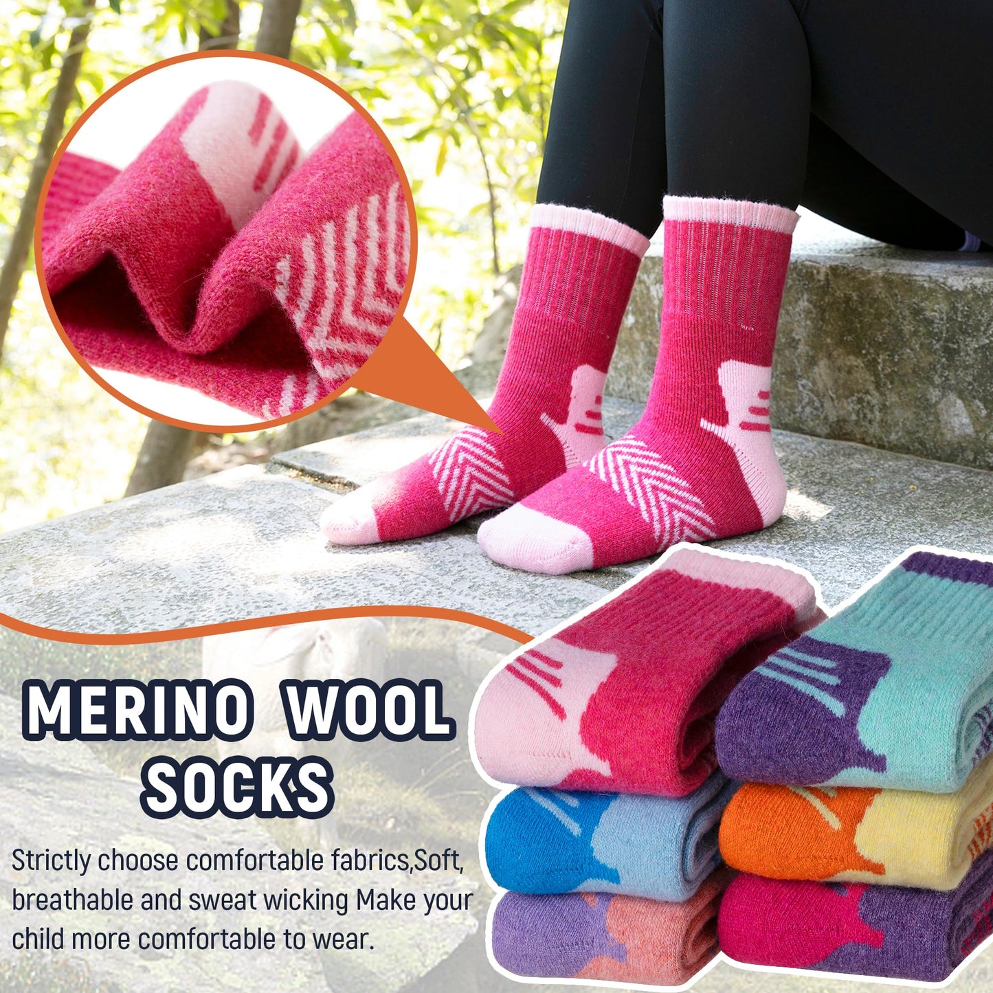 AMENLAN Kids Merino Wool Hiking Socks Boy Girls Winter Thick Boot Cushion Warm Thermal Crew Socks 6 Pairs (Colorful Stripes,13-15 Years)