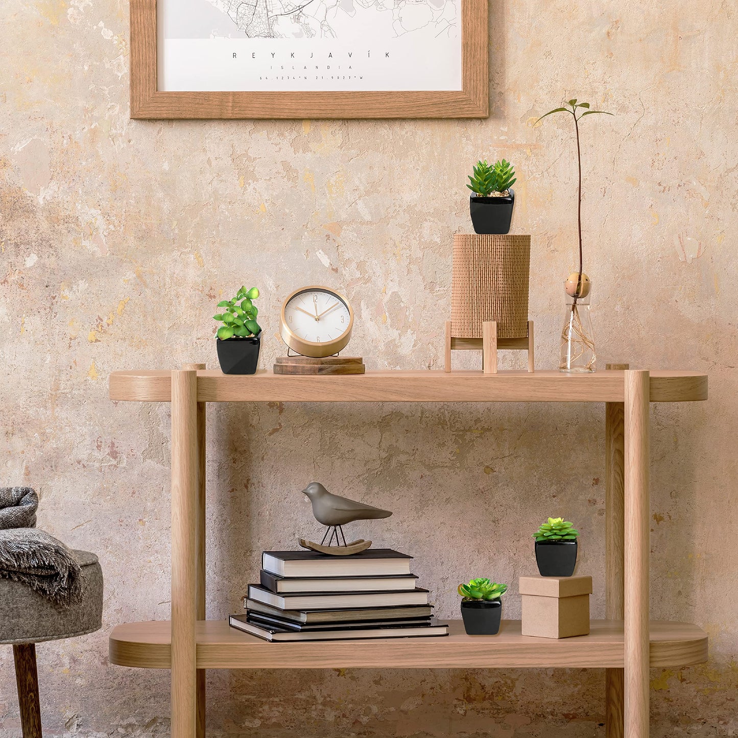 Nattol Modern Mini Artificial Succulent Plants Potted in Cube-Shape Black Ceramic Pots for Home Decor, Set of 4