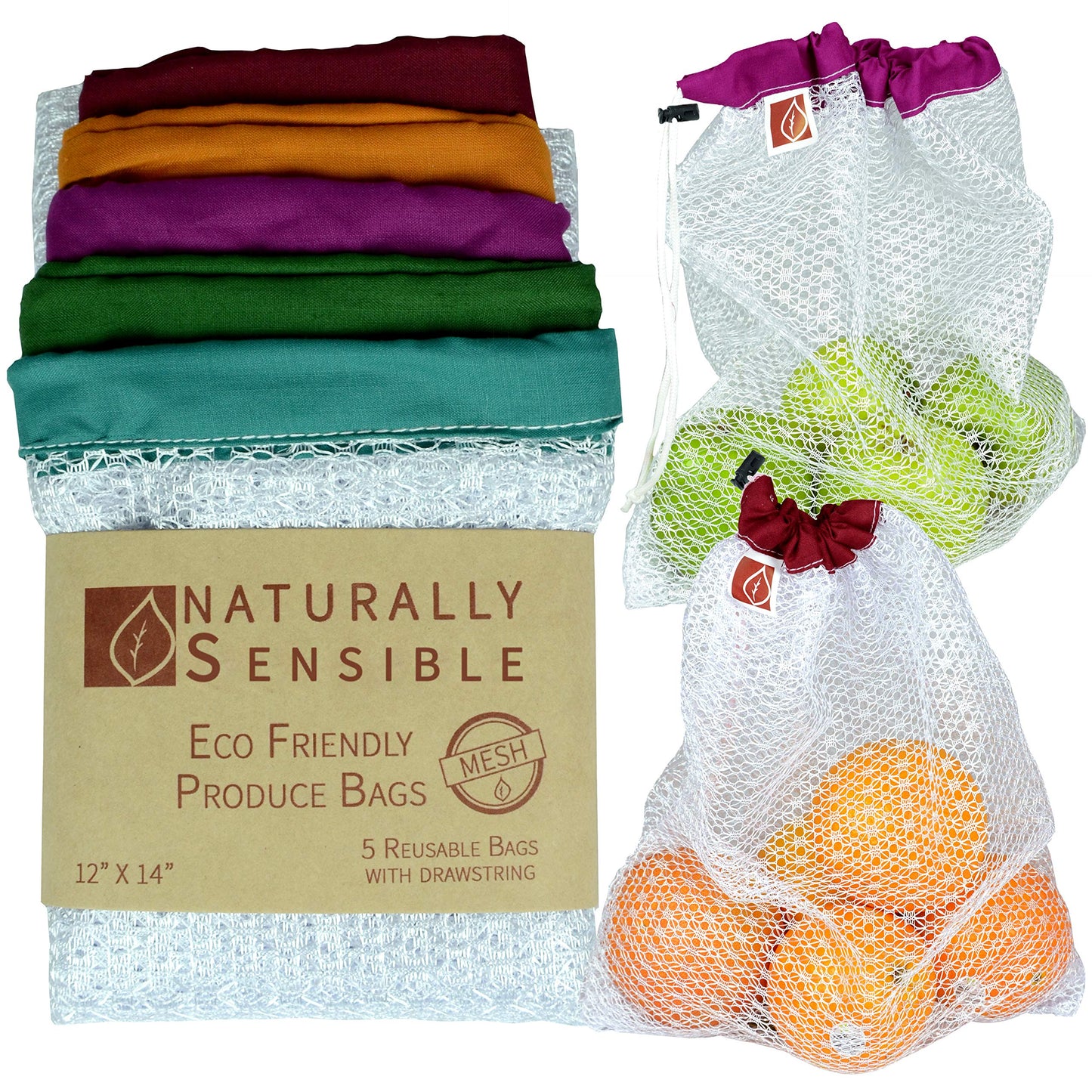 The Original Eco Friendly See Through Washable and Reusable Produce Bags - Soft Premium Lightweight Nylon Mesh Large - 12x14in - Set of 5 (Red, Yellow, Green, Blue, Purple)