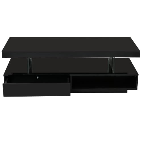LUMISOL High Gloss Coffee Table with 16 Colors LED Lights, UV Cocktail Table with 2 Drawers and Display Shelf, Modern Center Table for Living Room, Black