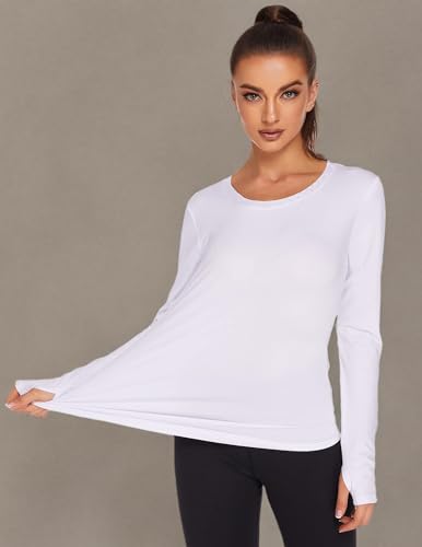 PINSPARK Long Sleeve Workout Tops for Women Mesh Breathable Yoga Tops Hiking Gym Shirts Quick Dry Running Clothes White S