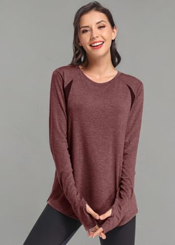 Muzniuer Womens Long Sleeve Workout Shirts-Plain Long Sleeve Tshirt for Women Yoga Sports T-Shirt Long Sleeve Breathable Shirts Activewear with Thumb Hole Burgundy S