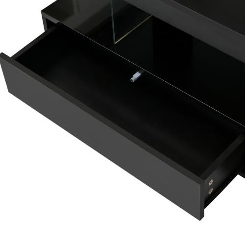 LUMISOL High Gloss Coffee Table with 16 Colors LED Lights, UV Cocktail Table with 2 Drawers and Display Shelf, Modern Center Table for Living Room, Black