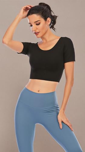 ECUPPER Women Short Sleeve Workout Tops Backless Yoga Gym Shirts Athletic Crop Top with Built in Bra for Fitness Sports Activewear Black