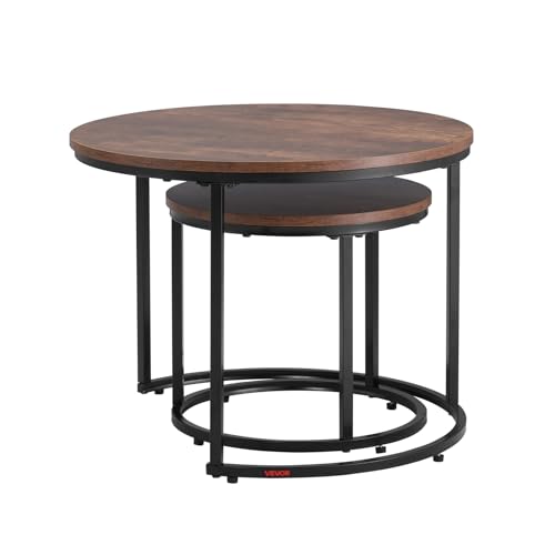 VEVOR Nesting Tables, Coffee Table Set of 2, 23.6 inch Round Coffee Table, Small Coffee Tables Night Stand with Metal Frame, for Living Room, Bedroom, Office (Brown & Black)