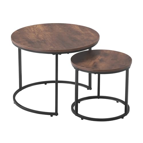VEVOR Nesting Tables, Coffee Table Set of 2, 23.6 inch Round Coffee Table, Small Coffee Tables Night Stand with Metal Frame, for Living Room, Bedroom, Office (Brown & Black)