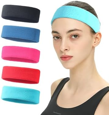 Fesinda-5PCS Sport Headbands for Men & Women Non Slip Fashion Headband Soft Fabric Elastic Sweat Thick Hairbands for Daily Workout Yoga Running Athletic