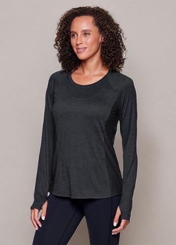 RBX Activewear Long Sleeve Running Top for Women, Lightweight Space Dye Buttery Soft Yoga Tee with Thumbholes Heathered Black S