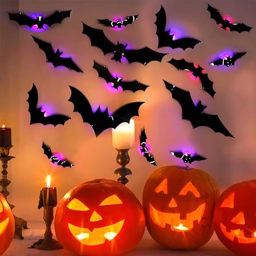 Halloween 3D Lighted Bats, 2025 Halloween Must-Have Halloweens 3D Lighted Bats, Light up Batss for Halloweenn, Glowing Halloweenr Hanging Bat Decor, 3D Bat LED Decoration (24PCS)