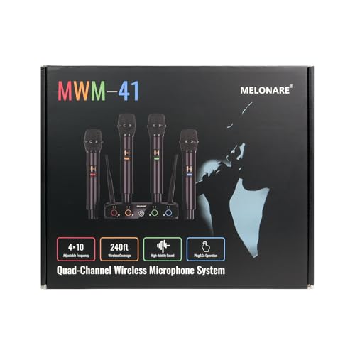 MELONARE 4-Channel Wireless Microphone System, UHF Compact Cordless Mic Set w/ 4x10 Frequencies, 200ft Range, Dynamic Handheld Microphone for Singing, Karaoke, Church, DJ, Wedding (MWM-41-4H)