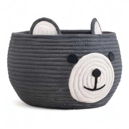 CherryNow Baby Basket for Nursery, Bear Gift Baskets for Kids, Empty Baby Shower Basket with Handles, Small Cute Animal Cotton Rope Baskets, Grey, 10.5"D x 8.5"H