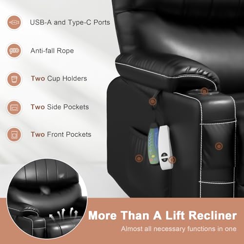 2025 Upgraded Power Lift Recliner Chair, Lift Recliners with Heat and Massage, 27in Extra Wide Recliner Lift Chairs for Elderly, Faux Leather Reclining Lift Chairs with Cup Holders & USB Ports (Black)