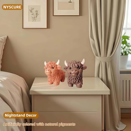 NYSCURE Set of 2 Small Resin Highland Cows Statues Home Decor Scottish Modern Style Figurine Calf Gifts for Lovers, Decorative Ornaments for Livingroom, Bedroom, Bookshelf, Cabinets, Office Desktop