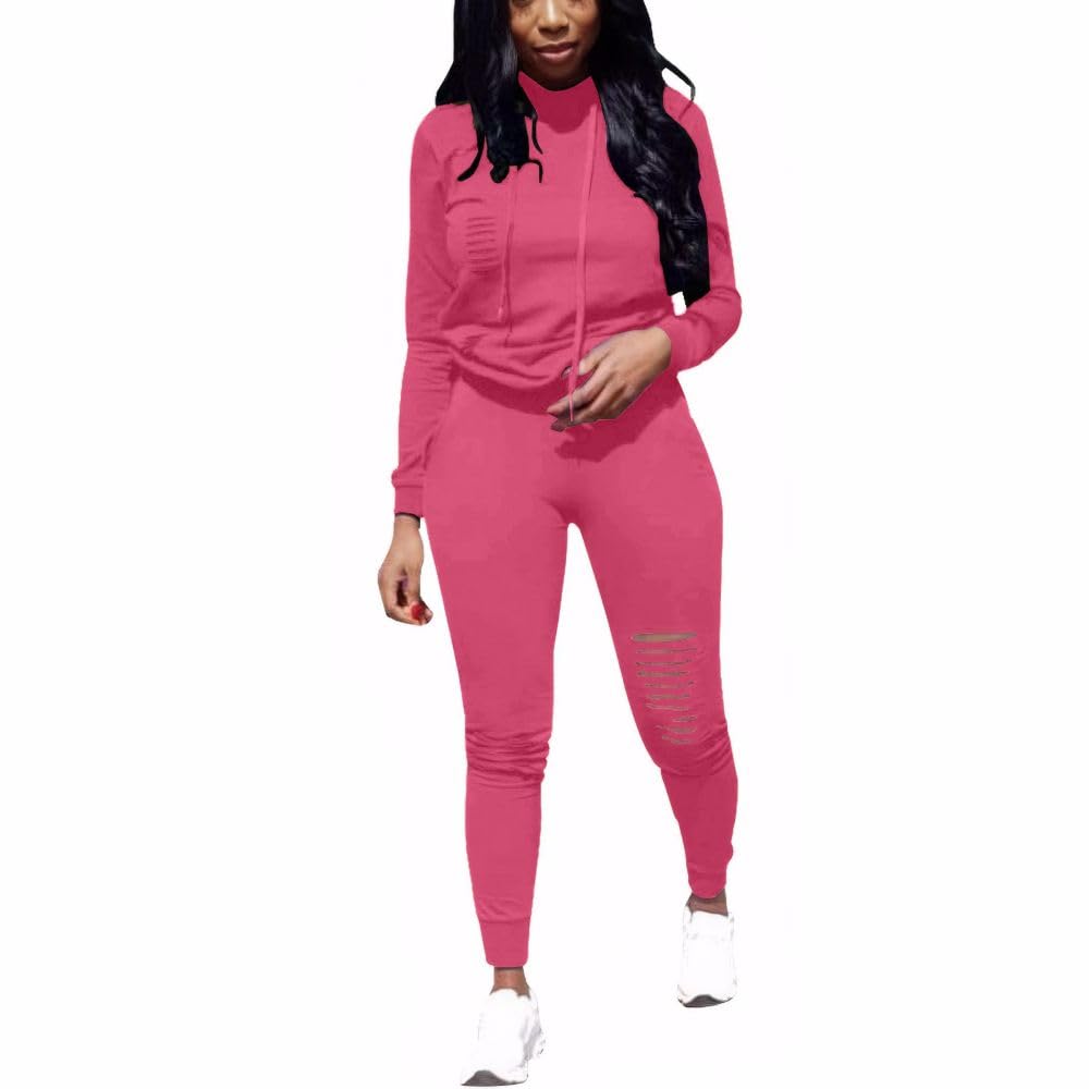 Nimsruc Women's Two Piece Outfits Casual Long Sleeve Pant Sets Sweatsuit Tracksuit Rose Red XL