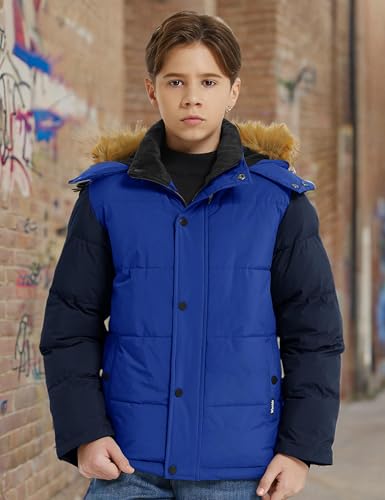 wantdo Boys' Warm Puffer Coats Winter Outerwear Jackets Waterproof Fleece Jacket With Hood Acid Blue navy 8
