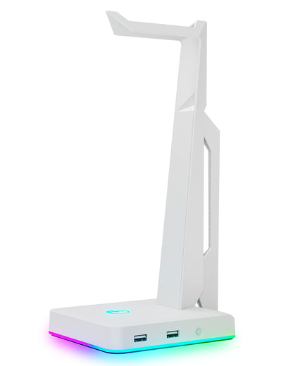 RGB Gaming Headset Stand with 2 USB Ports, Game Headphone Mount for PC, Xbox One, PS4, Switch, Earphone Holder Hanger, Great for Gaming Stations, Fancy Desk Gamer Accessories, White