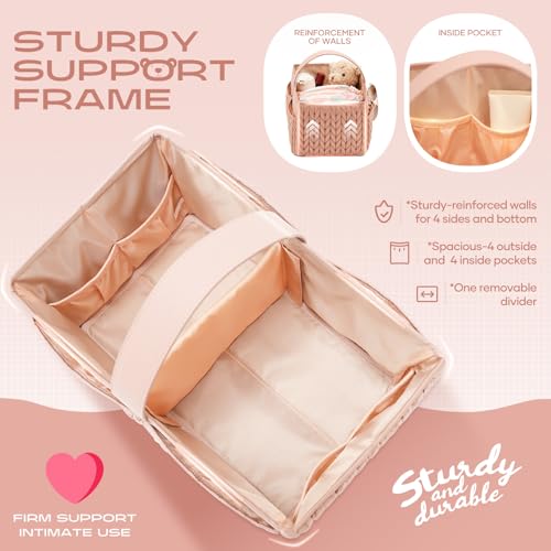 LUKJOJO Luxurious Baby Diaper Caddy, Nursery Storage Basket for Newborn Boy and Girl, Travel Baby Basket for Diapers Baby Wipes, Organizer Tote Bag Storage Bin, Baby Shower Gifts(dusty rose)