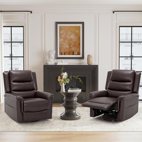 COLAMY Oversized Leather Recliner Chair, 360°Swivel Rocking Manual Recliner with Thick Cushioned Padding Backrest and Wide Seat - Darkbrown