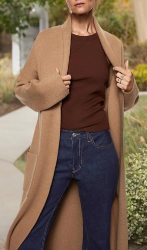 Womens Long Sleeve Maxi Cardigan Open Front Oversized Knitted Sweater Coat Casual Lapel Warm Overcoat with Pockets Camel