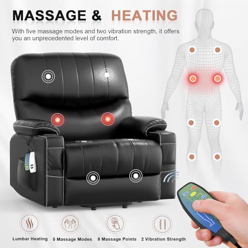 2025 Upgraded Power Lift Recliner Chair, Lift Recliners with Heat and Massage, 27in Extra Wide Recliner Lift Chairs for Elderly, Faux Leather Reclining Lift Chairs with Cup Holders & USB Ports (Black)