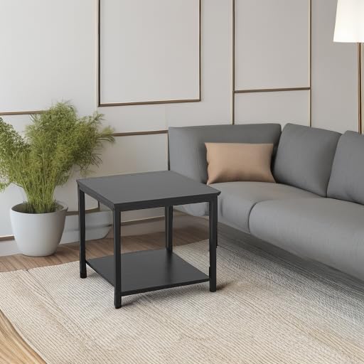 Homieasy Side Table 20 Inch Square, 2-Tier Coffee Tea End Table Nightstands for Sofa Couch Bed, Metal Wood Accent Modern Simple Industrial Style Side Table for Living Room Bedroom, Black