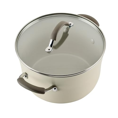 Rachael Ray Cucina Ceramic Nonstick Pots and Pans Set with Saucepans, Saute, Frying Pans, Stockpot, Lids, Pan Protectors, and Cooking Utensils, 13 Piece Non Stick Cookware Set - Almond