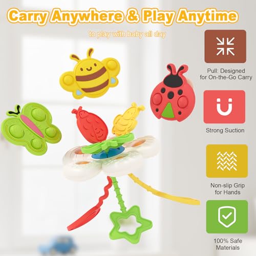 GeeKiPrime Montessori Toys Set for Baby 3 6 12 18 Months, 2-in-1 Silicone Pull String & 3 Insect Spinner Sensory Toy, Teething & Fine Motor Skills Development, Toddler Gift for Boys & Girls 1 2 Year