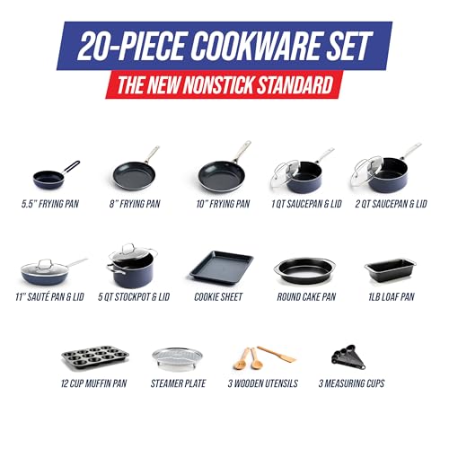 Blue Diamond 20 Piece Nonstick Cookware Set, Diamond Ceramic Pots & Pans, Dishwasher & Metal Utensil Safe, Non Toxic PFAS-Free, Kitchen Cooking Sauce & Saute Pans, Oven & Broiler to 600F, Blue