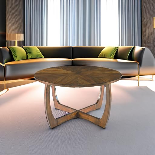 LEEMTORIG Round Wood Coffee Table, Mid Century Modern Round Walnut Coffee Tables for Living Room, 33.5" Dia. Circle Drum Coffee Table with Cross Legs, Easy Assembly, Brown Walnut KFZ-3223