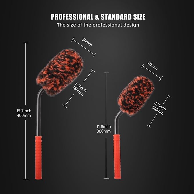 SPTA Angled Car Wheel Brush Set, 2Pcs Car Detailing Cleaning Brush Synthetic Wool Rim Cleaner Brush, Flat Spoke Brush, Metal Free Rim Tire Detail Brush, Remove Brake Dirt Behind Your Rim Accessories