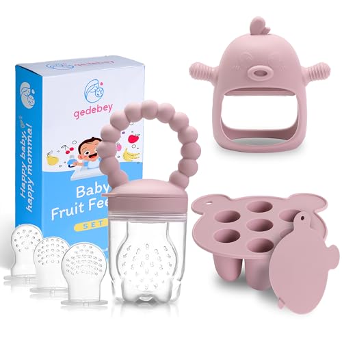 Baby Fruit Feeder Pacifier - 3 Pack | 1 Baby Food Feeder & 1 Baby Teether & 1 Baby Popsicle Molds | Breastmilk Popsicle molds | Baby Teething Toys | Baby Fruit Food Feeder Pacifier Babies (Blush)