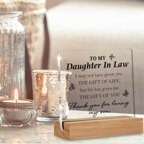 Daughter In Law Gifts from Mother, Birthday Anniversary Wedding Gifts To My Daughter In Law Decorative Desk Signs Acrylic Plaque, Christmas Engagement Gift