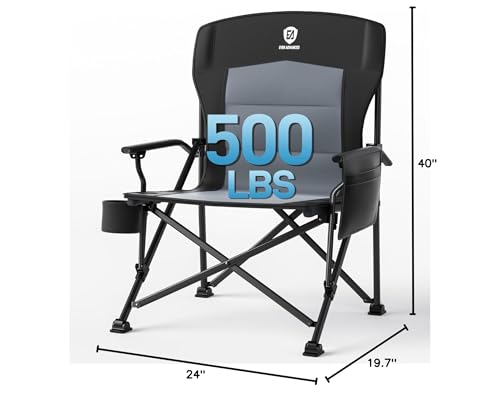 EVER ADVANCED Oversized Folding Camping Chair for Adults, Heavy Duty Lawn Chair with Side Pockets, Portable Collapsible Quad Chair for Outside, Support Up to 500lbs, Black