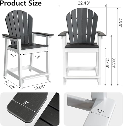 OTSUN Outdoor Tall Adirondack Chairs Set of 2, Patio Bar Stool Chair with High Back, 400lbs, Widened Arms, All-Weather Balcony Chair for Backyard, Garden, Yard - Light Grey