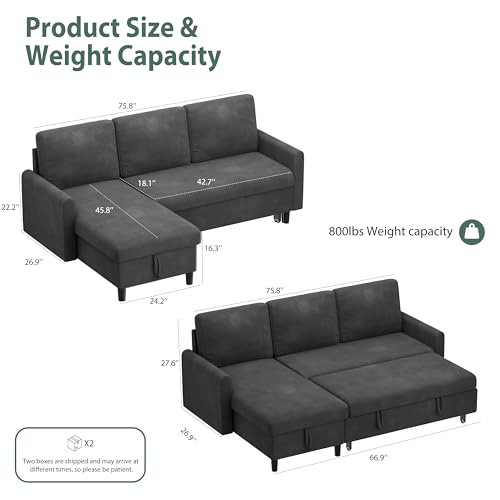Shintenchi Sofa Couch, Sofa Bed- 2 in 1 Pull Out Couch Bed with Storage Chaise for Living Room, Sofa Bed Sectional Sofa Couch Linen Couch (Grey Black)